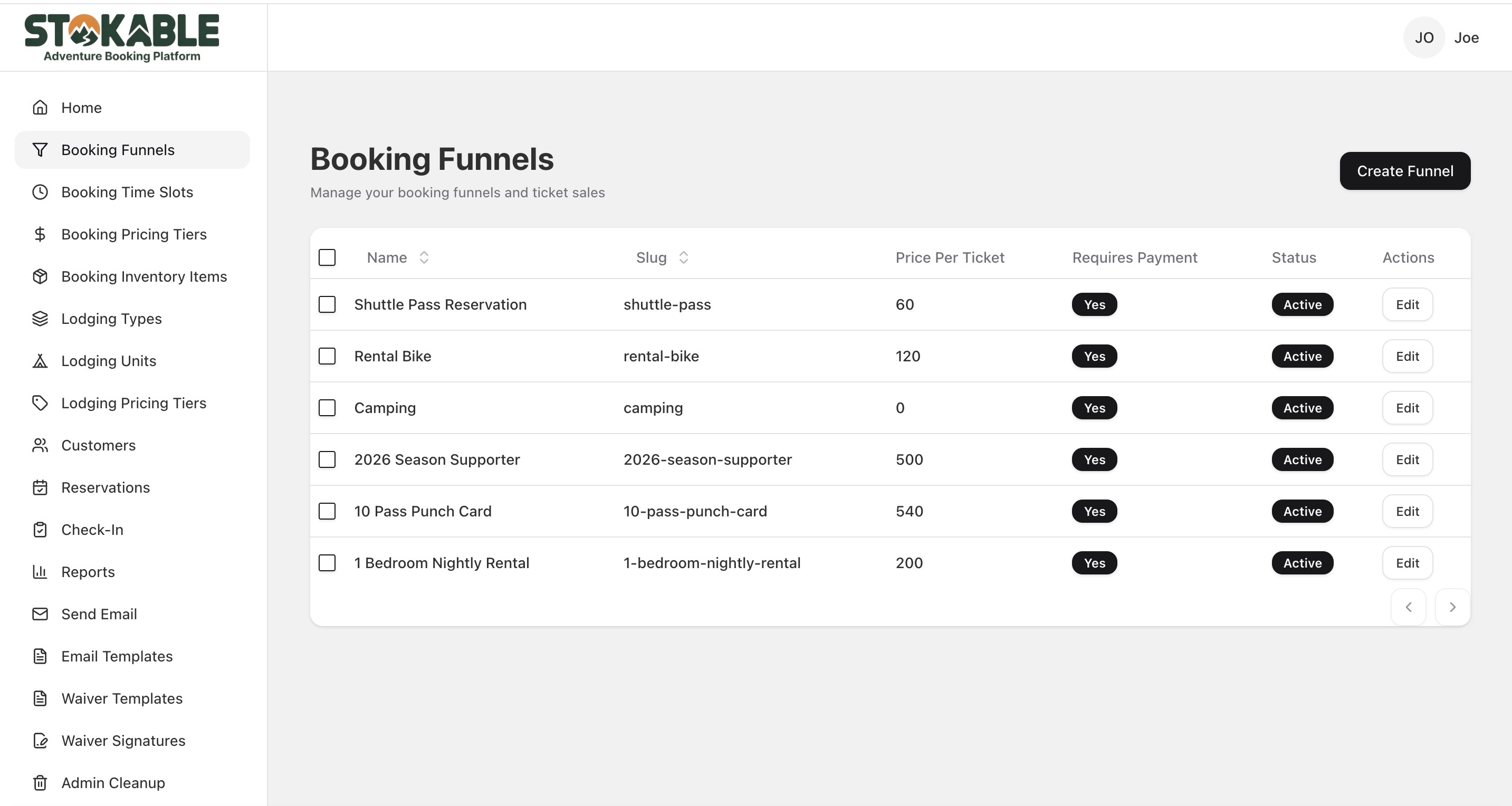 Booking types interface